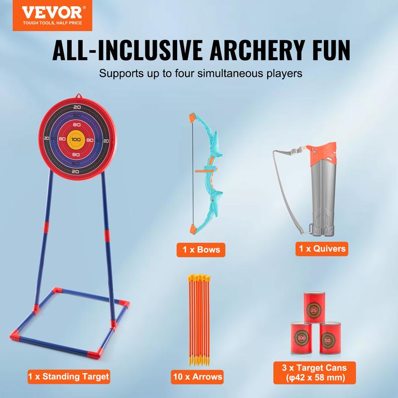 VEVOR Bow and Arrow Set for Kids, LED Light Up Archery Set with 10 Suction Cup Arrows, Standing Target, Quiver, 3 Target Cans, Outdoor Toy for Boys & Girls 6 7 8 9 10+ Years Old, Birthday Gift for Kid