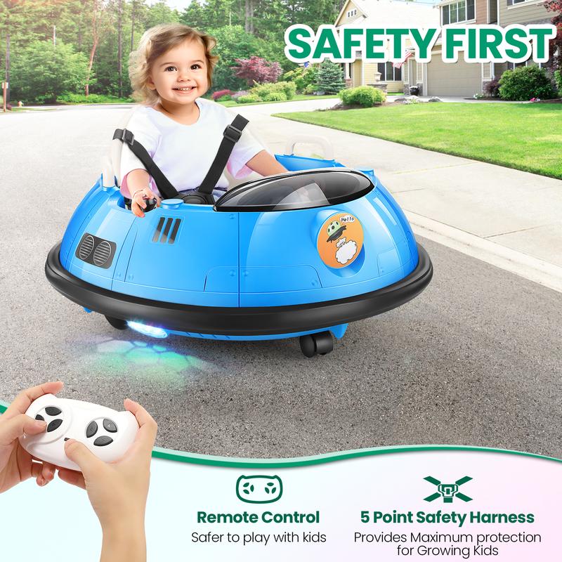 Hikole Ride-Ons Toys Bumper Car with Remote Control for Toddlers - 12V Battery Power, 3 Speeds, 360 Degree Spin, LED Lights, Safety Belt