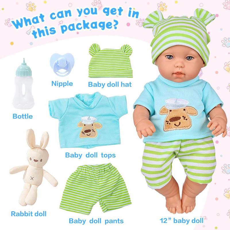 12 Inch Lifelike Newborn Doll, Realistic Faux Doll With Clothes, Pacifier, Bottle, Rabbit Doll, Soft Squeezable Body, Suitable for Gifts