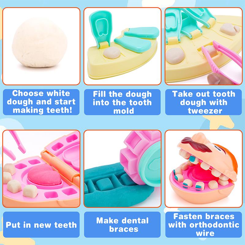 Crelloci Dentist Playdough Set with Dental Tools Kit Drill and Fill, Doctor DIY Playset Toys for Kids Toddlers 3 Years 3-in-1 Color air dry Play Doh Play-Doh