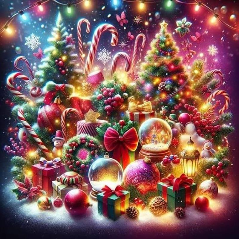 Tree & Gift Pattern Diamond Arts Colorful Painting Kit without Frame, DIY 5D Round Diamond Arts Crafts Kit for Christmas Home Bedroom Wall Decor