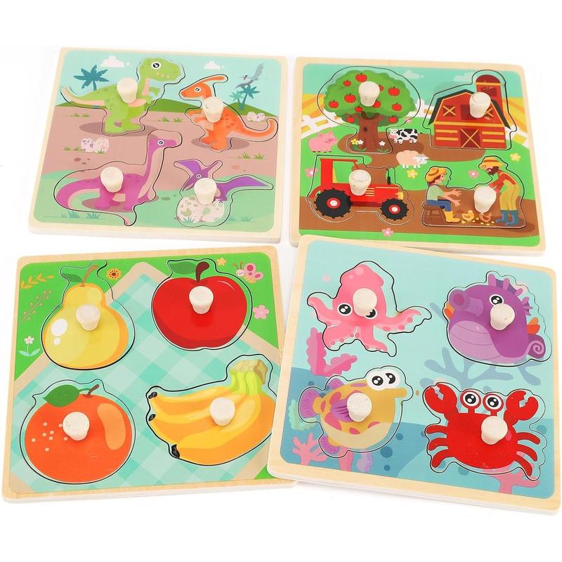 Wooden Peg Puzzles for Toddlers 1-3, Kids' Educational Preschool Peg Puzzle Toy, Set of 4 Toddler Puzzles - Farm, Dinosaur, Fruit and Marine Animals, Ideal Gift for Ages 1 2 3 Boys and Girls