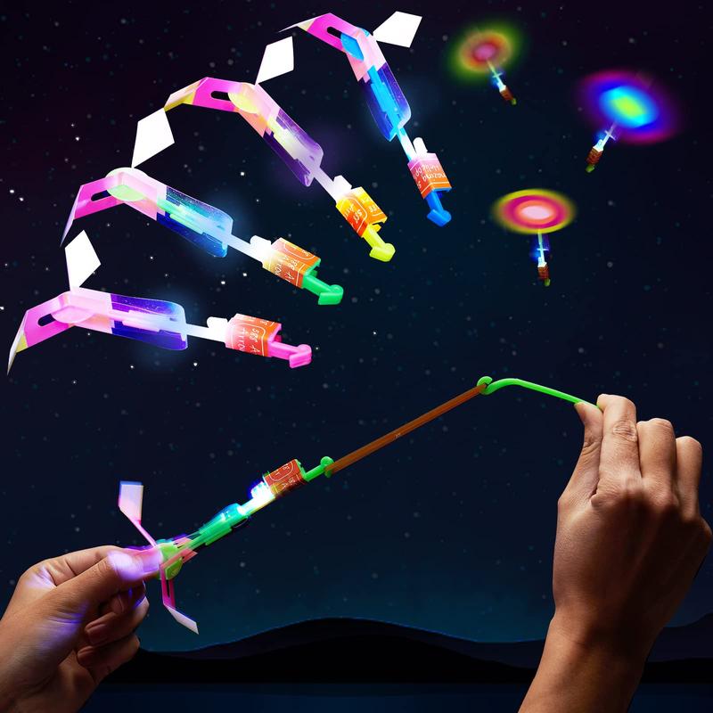 WELLVO 60Pcs Rocket Helicopter with LED Lights 30 Launchers + 30 Glow Rocket Helicopters Glow in The Dark Party Supplies Flying Outdoor Toys Birthday Classroom Valentines Party Favors for Kids 8-12