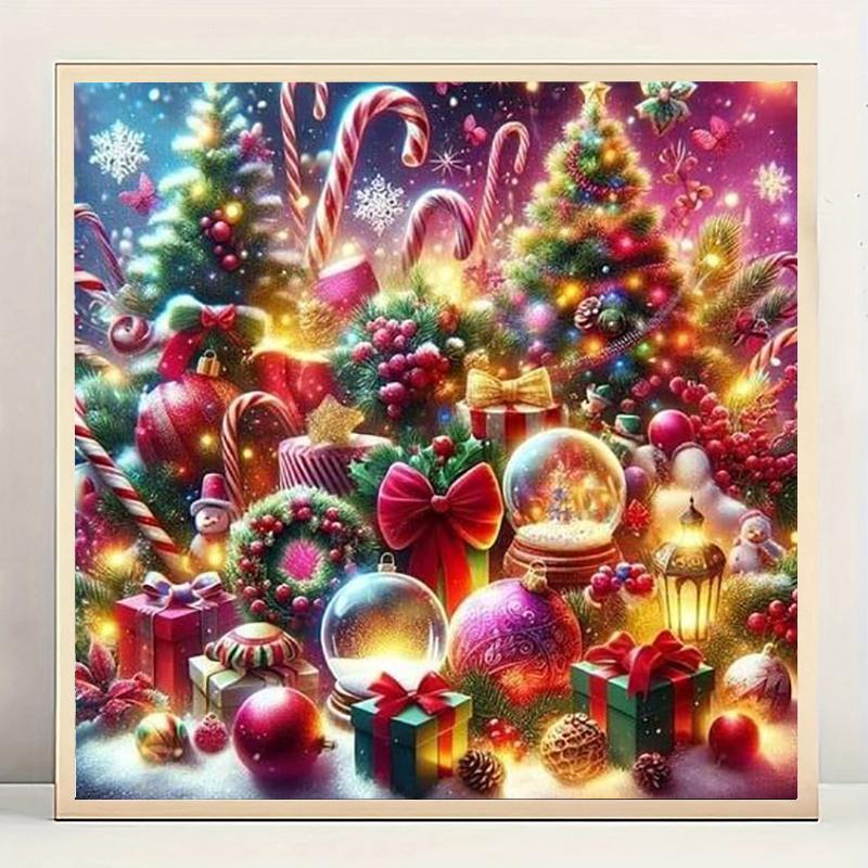 Tree & Gift Pattern Diamond Arts Colorful Painting Kit without Frame, DIY 5D Round Diamond Arts Crafts Kit for Christmas Home Bedroom Wall Decor