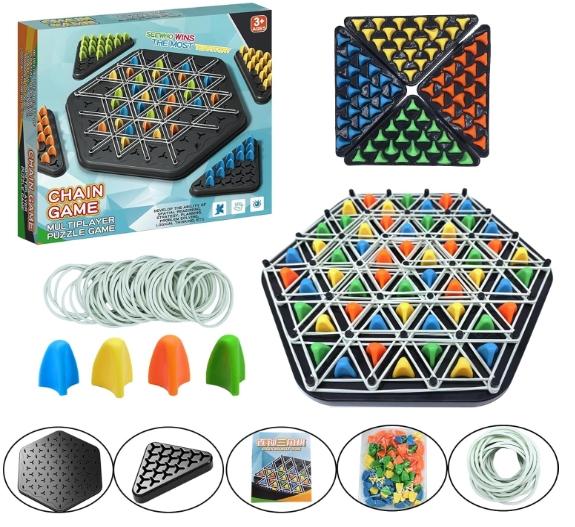 [Buy two off $5][Free Shipping]Chain Triangle Chess Game- Family Fun Night Chess Set,Fun Table Top Multiplayer Triangle Board Game,2 to 4 Players,1 Set Trigger Rubber Belt Game, Desktop Interactive Game,Party Leisure Interactive Game Props,gifts