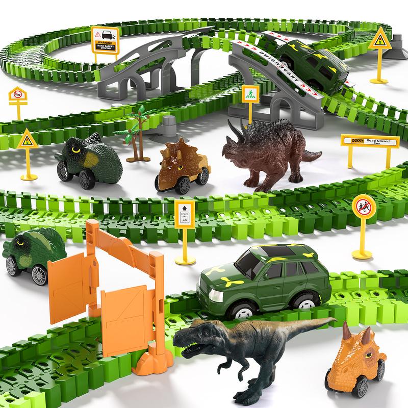 Dinosaur Toys Race Car Track 169 PCS, 2 Dino and Flexable Race Track Create A Dinosaur Road Toys, Dinosaur Toys with 6 PCS Christmas Gifts Dino Car