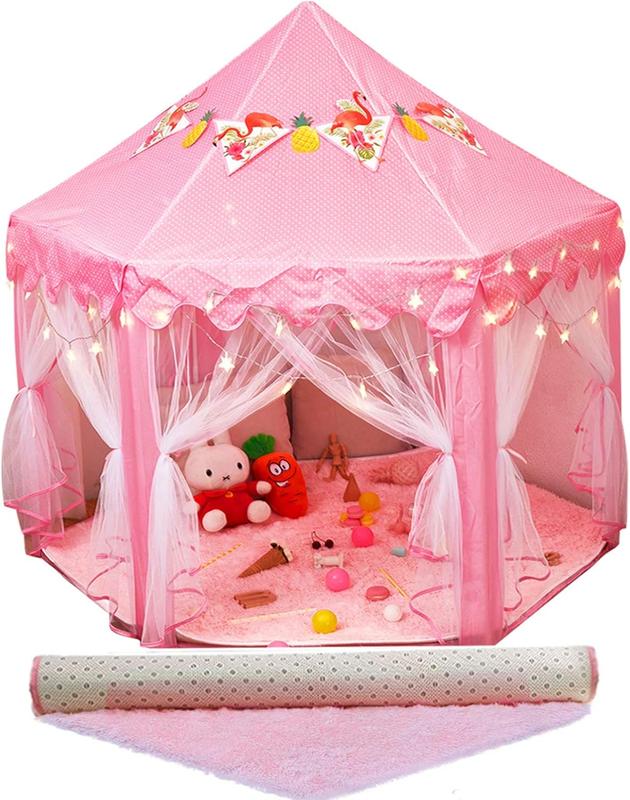 Princess Play Castle Tent with Soft Rug – Includes Star String Lights & Banner Decor – Pink Playhouse for Girls, Indoor Outdoor Kids House