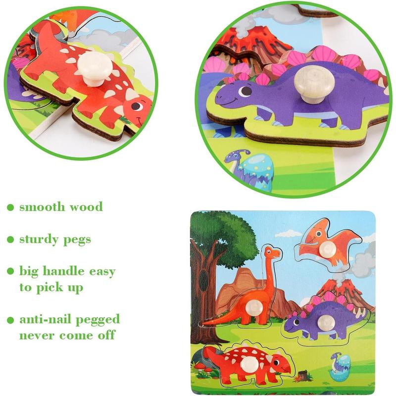 Wooden Peg Puzzles for Toddlers 1-3, Kids' Educational Preschool Peg Puzzle Toy, Set of 4 Toddler Puzzles - Farm, Dinosaur, Fruit and Marine Animals, Ideal Gift for Ages 1 2 3 Boys and Girls