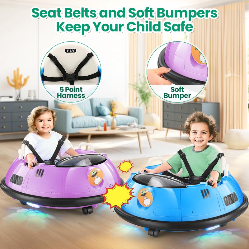 Hikole Ride-Ons Toys Bumper Car with Remote Control for Toddlers - 12V Battery Power, 3 Speeds, 360 Degree Spin, LED Lights, Safety Belt