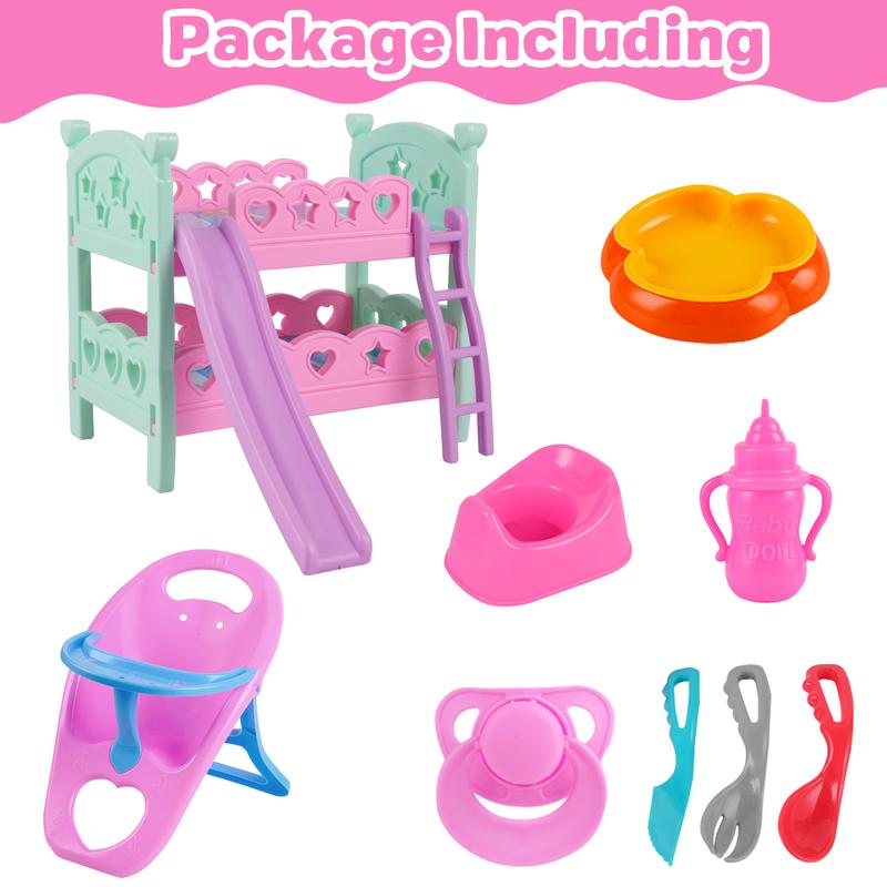 BABESIDE 9 Pcs Baby Doll Accessories Set, Baby Doll Care Set with Bunk Bed, High Chair, Feeding Set, Bottle, Pacifier, Baby Doll Pretend Play Set for 12 Inch Baby Doll Kids Gift