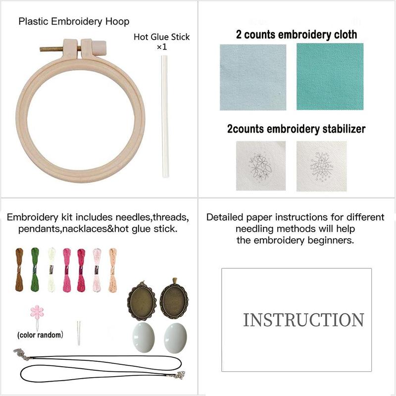 Mini Embroidery Necklace DIY Kit, 1 Set Flower Pattern Pendant DIY Material Package for Making 2 Necklace, DIY Embroidery Tool Kit for Women & Teenager