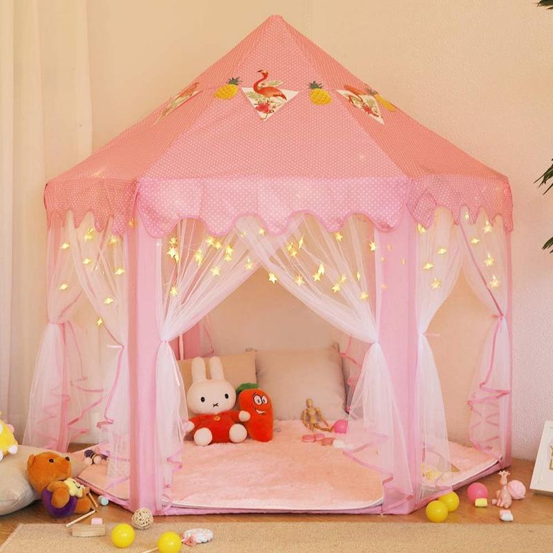 Princess Play Castle Tent with Soft Rug – Includes Star String Lights & Banner Decor – Pink Playhouse for Girls, Indoor Outdoor Kids House