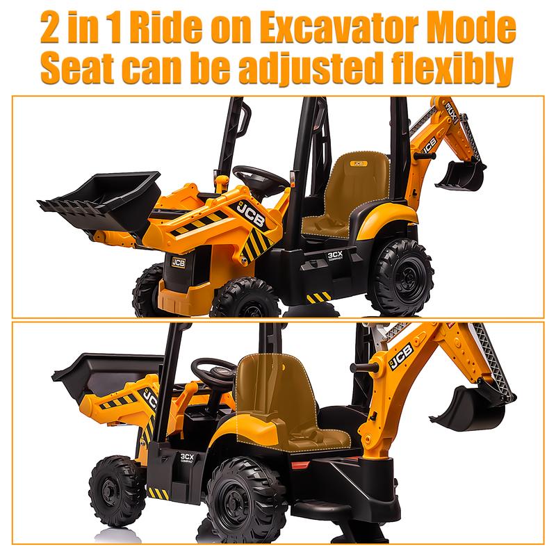 CoCLUB 12V Kids Ride on Excavator Digger Toy Cars, JCB Battery Powered Electric Tractor with Remote Control, Ride on Construction Truck w Adjustable Front and Back Loader for Boys Girls