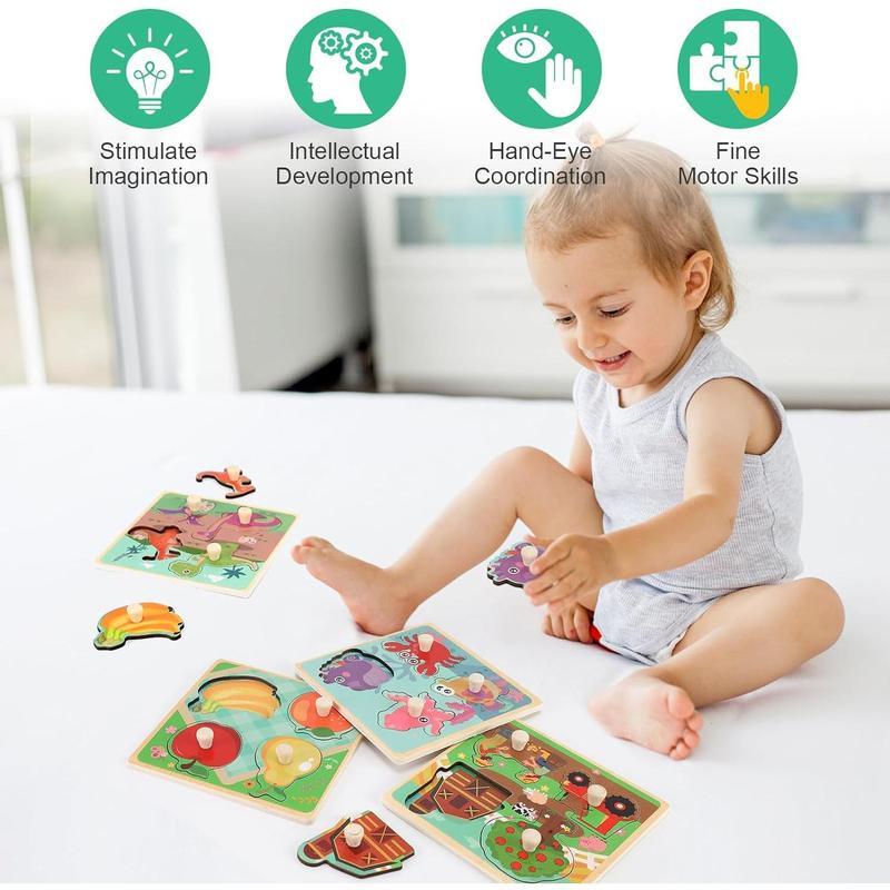 Wooden Peg Puzzles for Toddlers 1-3, Kids' Educational Preschool Peg Puzzle Toy, Set of 4 Toddler Puzzles - Farm, Dinosaur, Fruit and Marine Animals, Ideal Gift for Ages 1 2 3 Boys and Girls