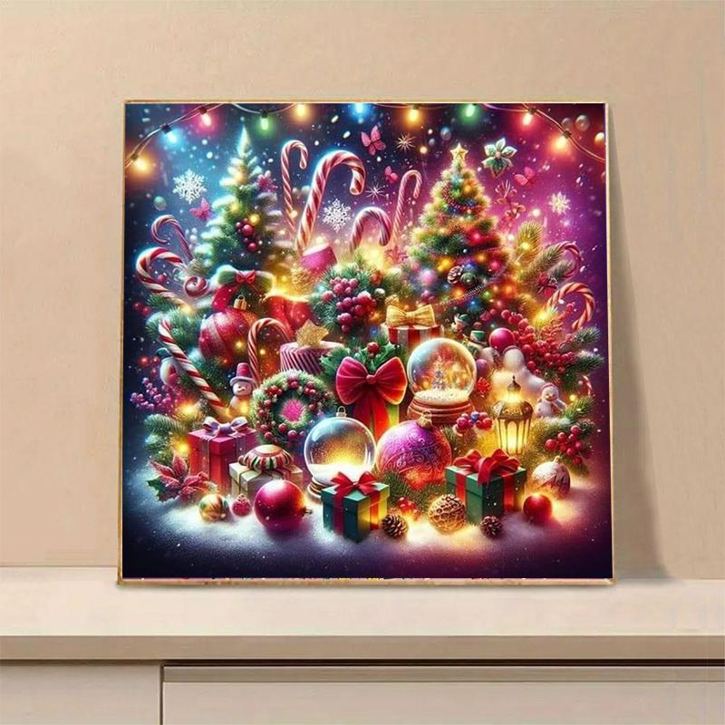 Tree & Gift Pattern Diamond Arts Colorful Painting Kit without Frame, DIY 5D Round Diamond Arts Crafts Kit for Christmas Home Bedroom Wall Decor