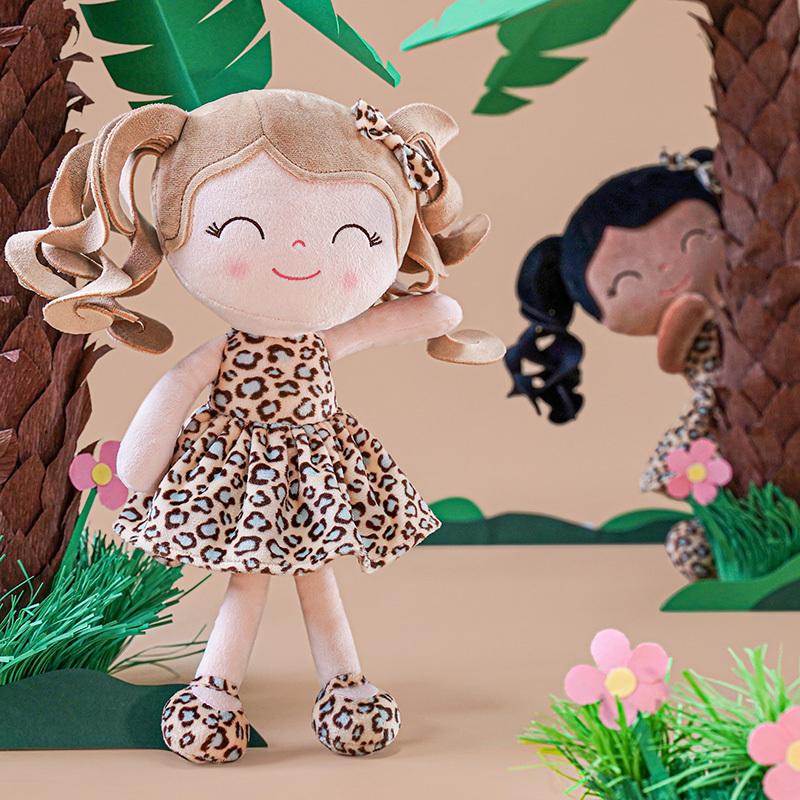 Plush Doll Baby Dolls Soft Doll Baby Girl Gifts Curly Hair Plush Figures Curly Animal Series - White leopard print  Dress Spring Girl 12inches