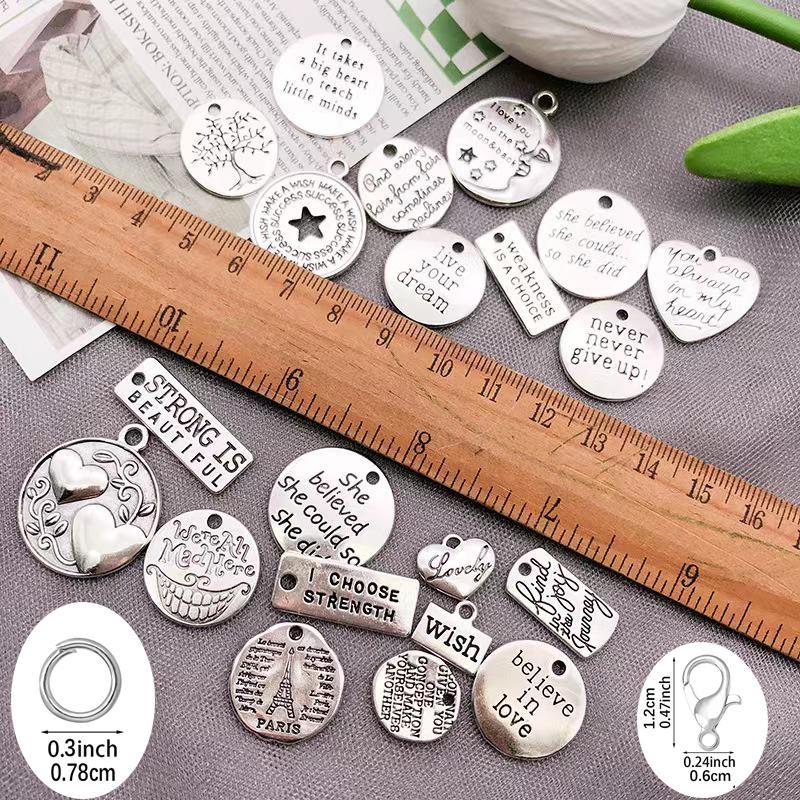 Mixed Shape Keychain Set, 100pcs set Vintage Letter Pattern Pendant, DIY Jewelry Making Accessories for Bracelet Necklace Earrings