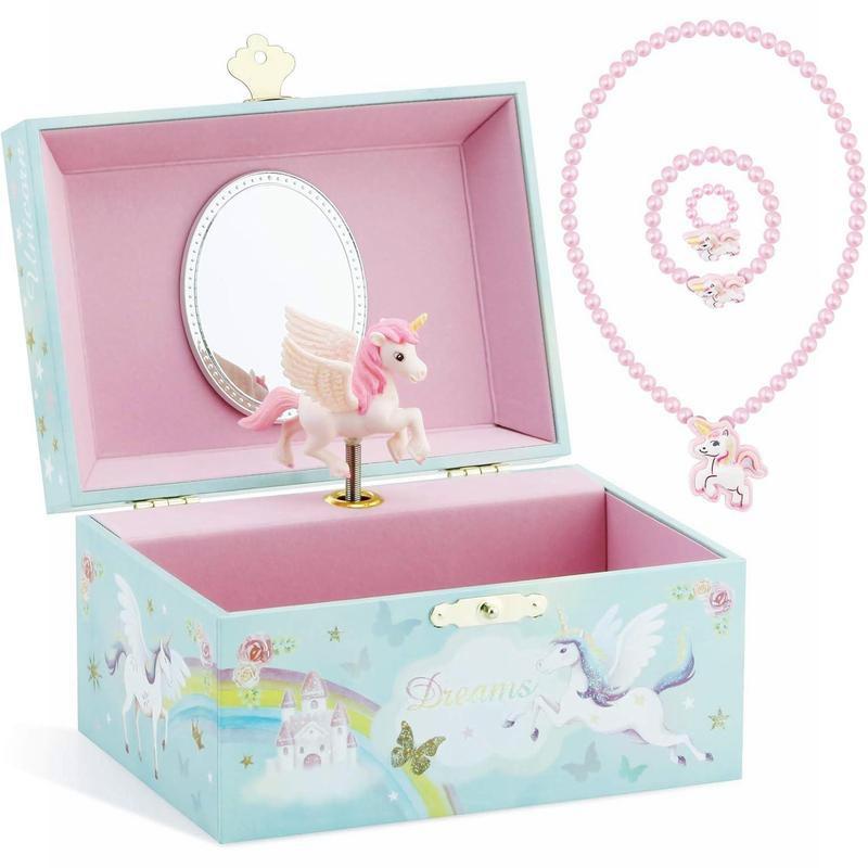 Blue Musical Jewelry Box for Little Girls - Glitter, Spinning Unicorn, Rainbow. Plays Blue Danube.