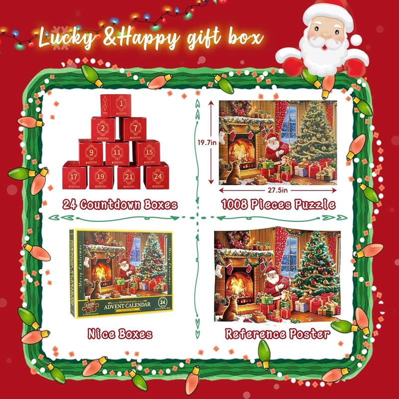 Puzzle Advent Calendar 2024, Advent Puzzles for Adults Kids 2024, 1008 Pieces Christmas Countdown Calendar 2024, Santa Claus Home Advent Calendar Jigsaw Puzzle christmas gift xmas decoration