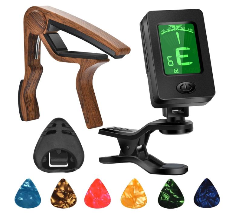 Guitar Capo, Guitar Picks, Guitar Accessories with Guitar Tuner, Capo for Acoustic Guitar, Bass, Buzzing-Free, Quick Release, Guitar Tuner Clip on for Guitar, Violin, Bass, Ukulele Chromatic, Rosewood