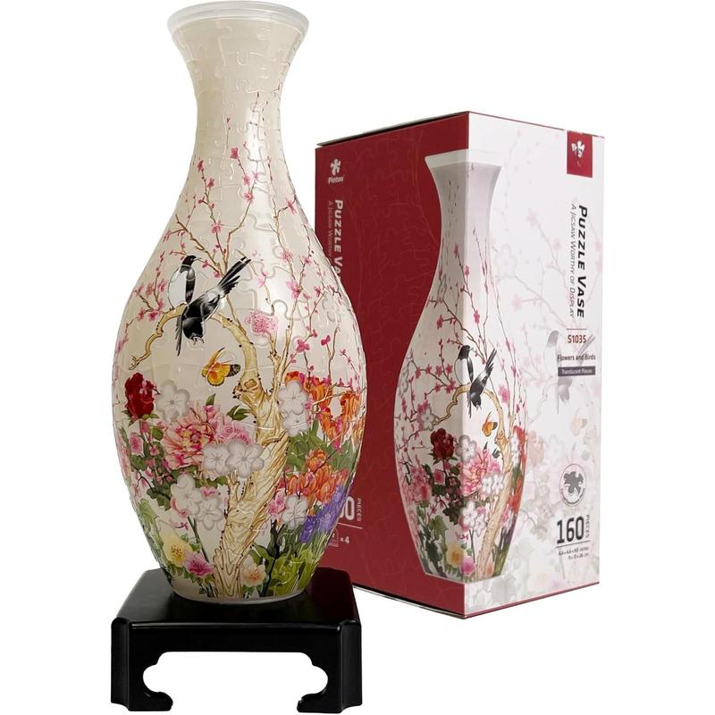 3D Puzzle Vase Unique Flower Vase Made by 160 Curved Plastic Puzzle Pieces House Warming Gift for Flower Arrangements and Home Decoration - [S1035] (Translucent, Flowers and Birds)