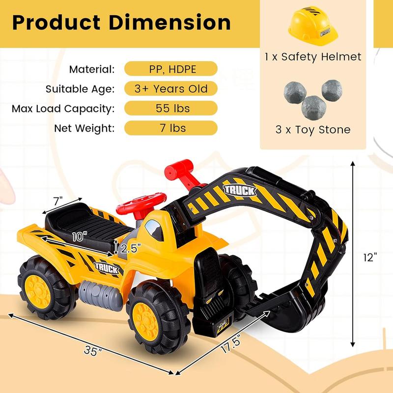 [ShopTab] Festival Joy Ride on Excavator, Construction Vehicles, Excavator Digger Bulldozer W Safety Helmet, 3 Rocks, Horn, Under-seat Storage,