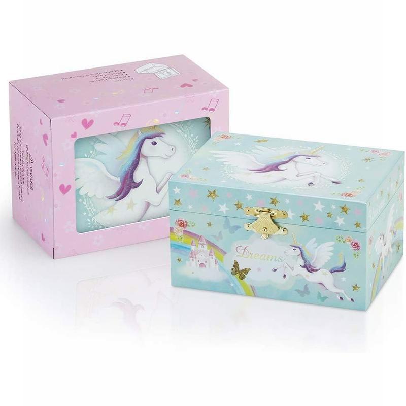 Blue Musical Jewelry Box for Little Girls - Glitter, Spinning Unicorn, Rainbow. Plays Blue Danube.