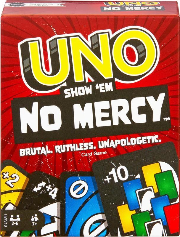 UNO, Show 'em No Mercy, Game Card, kids Adults, Family Night, 2-10 Players, lconic Characters, Engaging Gameplay, Develop Strategies & Skills Sticker