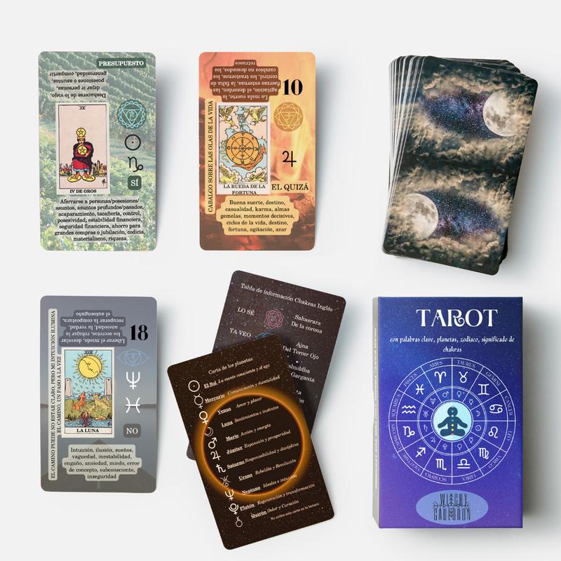 Spanish Edition Learning Tarot card deck for Beginners with meanings on them including Chakras, Planets, Zodiac, Elements, Yes or No