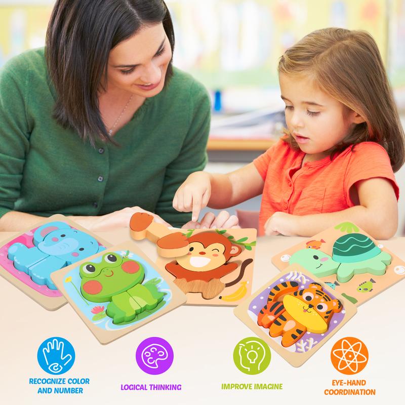 edutree Wooden Puzzles for Toddlers 2-4, 6 Pack Animal Shape Puzzle Montessori Toys for 1 2 3 Year Old, Educational Learning Toys for Girls Boys