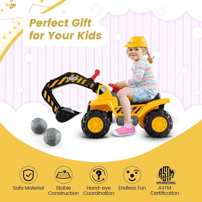 [ShopTab] Festival Joy Ride on Excavator, Construction Vehicles, Excavator Digger Bulldozer W Safety Helmet, 3 Rocks, Horn, Under-seat Storage,