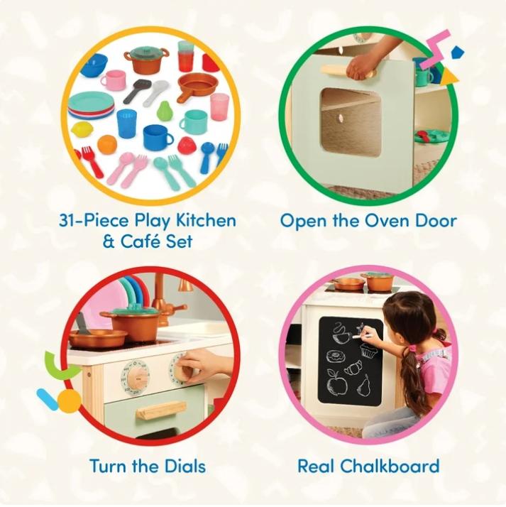 Battat Two n' One Wooden Kitchen Café with 30 Cooking Toys and Chalkboard