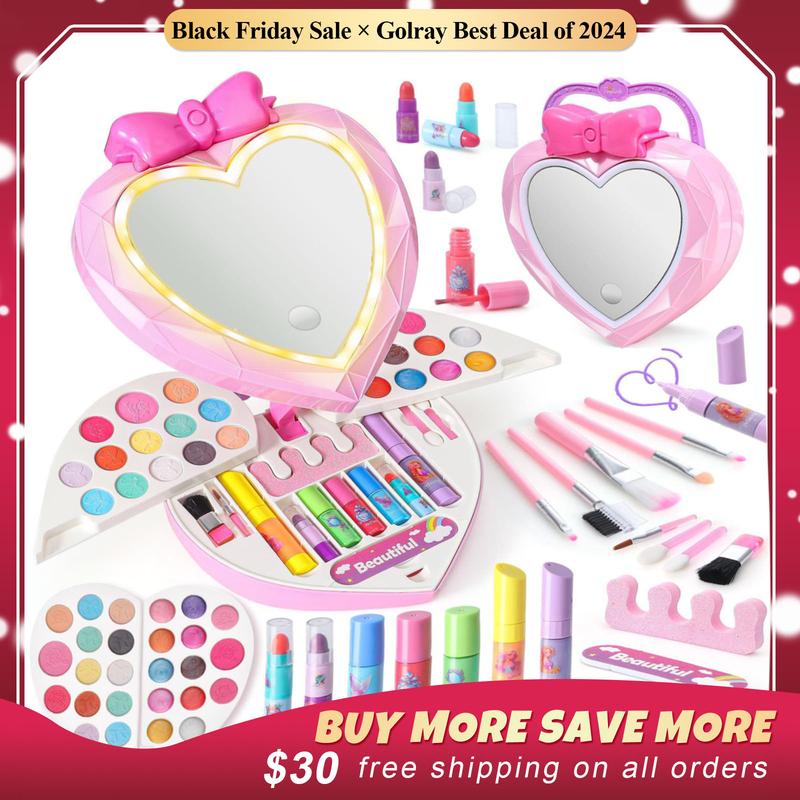 Makeup Kit LED mirror Pretend Play sets for Girls  Washable Lightable with Nail Art Pen Eye-Shadow Learning Education Toy Birthday Christmas Gifts