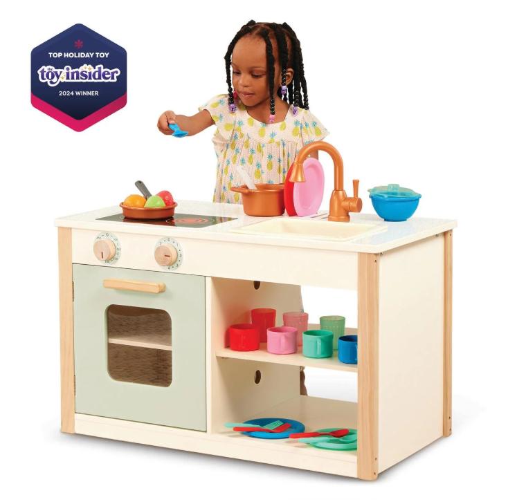 Battat Two n' One Wooden Kitchen Café with 30 Cooking Toys and Chalkboard