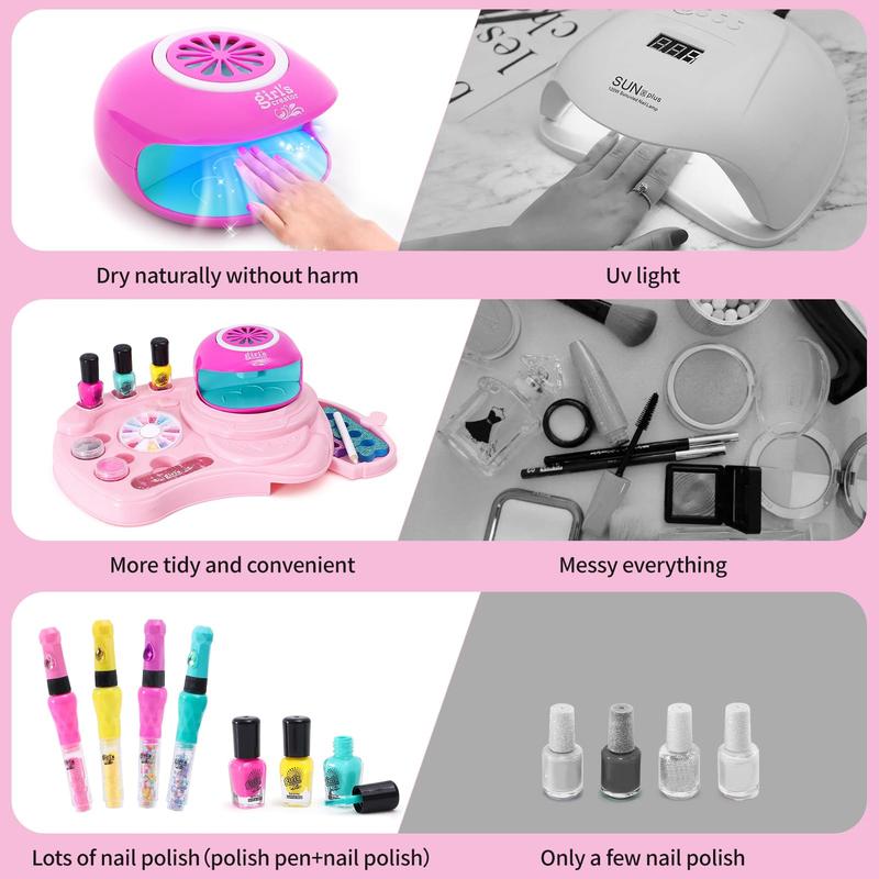 Nail Polish Set Toy Pretend Play for Girls Nail Art Kit 3-in-1 with Nail Dryer&Hand Massage Spa Kit, Manicure Salon Studio Stuff Birthday Thanksgiving Christmas Gifts