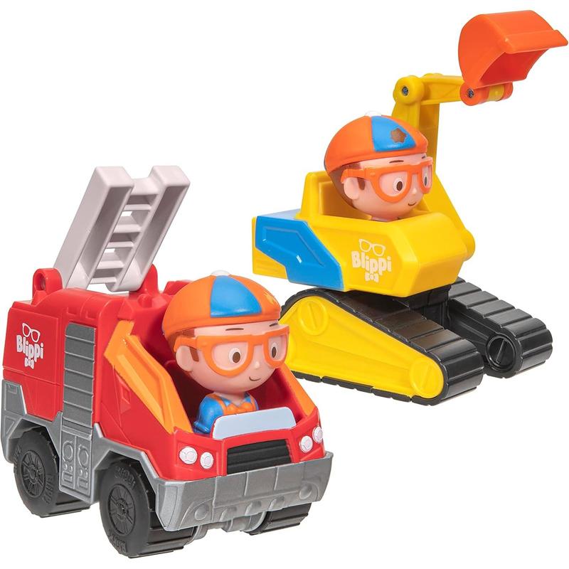 Blippi Mini Vehicles, Including Excavator and Fire Truck, Each with a Character Toy Figure Seated Inside - Zoom Around The Room for Free-Wheeling Fun - Perfect for Young Children