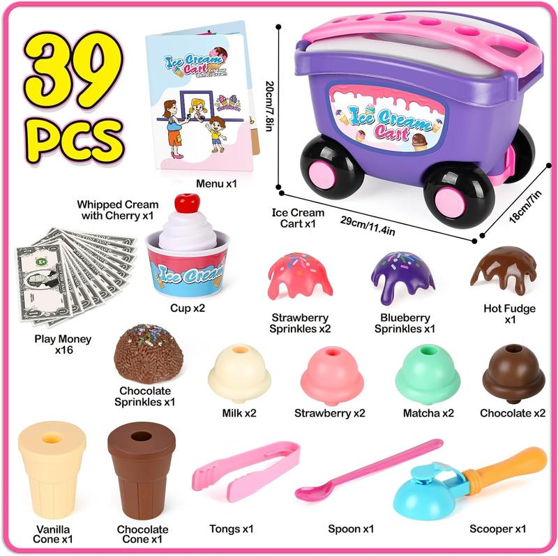 Ice Cream Cart Toys, Pretend Play Food Toys, Ice Cream Shop Counter Play Set, Scoop and Cone Maker Toy, Grocery Play Store, Birthday Gifts