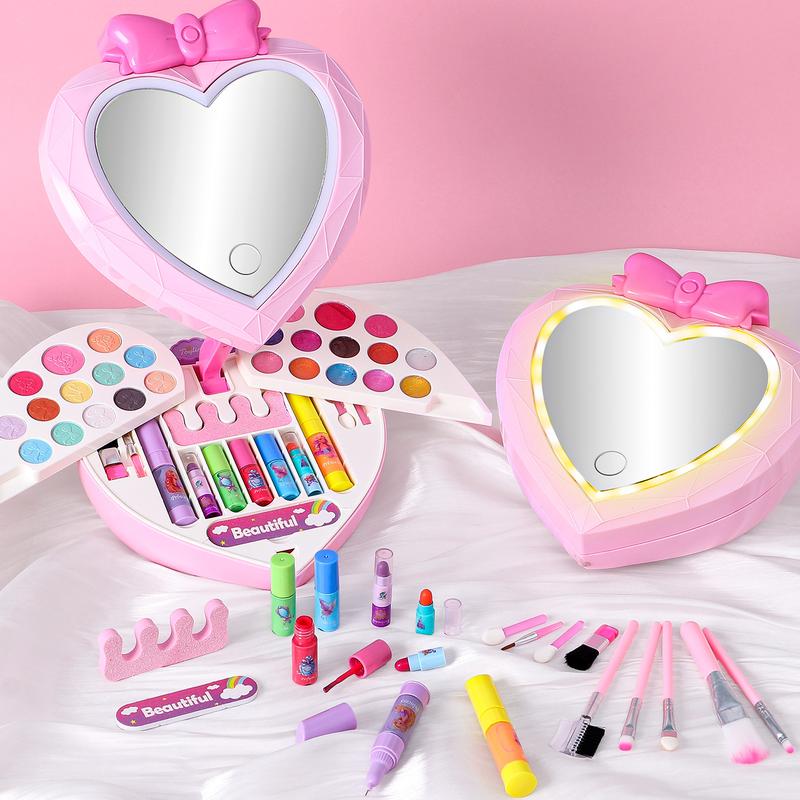 Makeup Kit LED mirror Pretend Play sets for Girls  Washable Lightable with Nail Art Pen Eye-Shadow Learning Education Toy Birthday Christmas Gifts