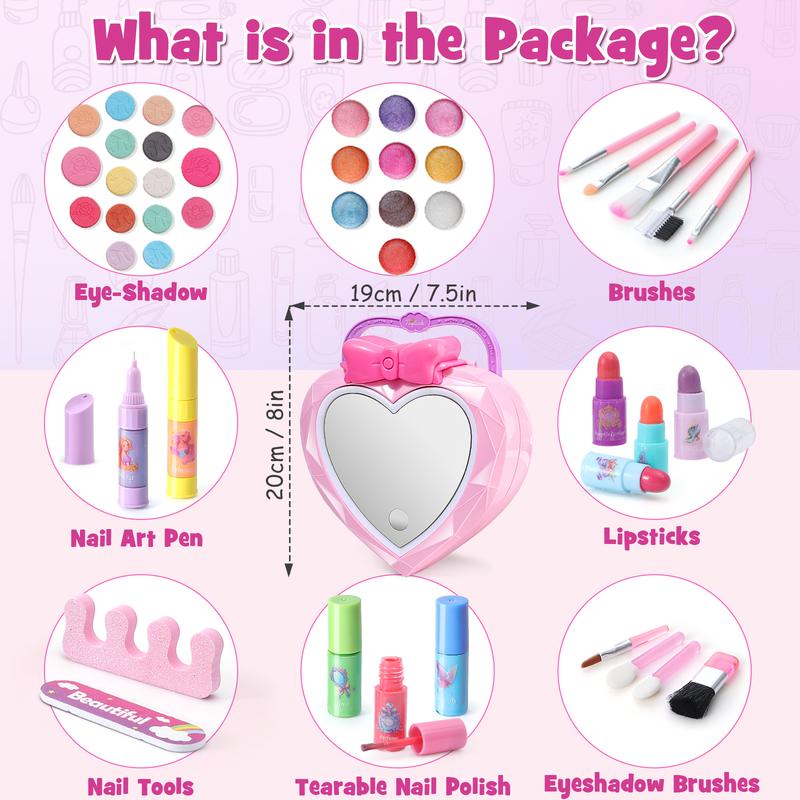 Makeup Kit LED mirror Pretend Play sets for Girls  Washable Lightable with Nail Art Pen Eye-Shadow Learning Education Toy Birthday Christmas Gifts