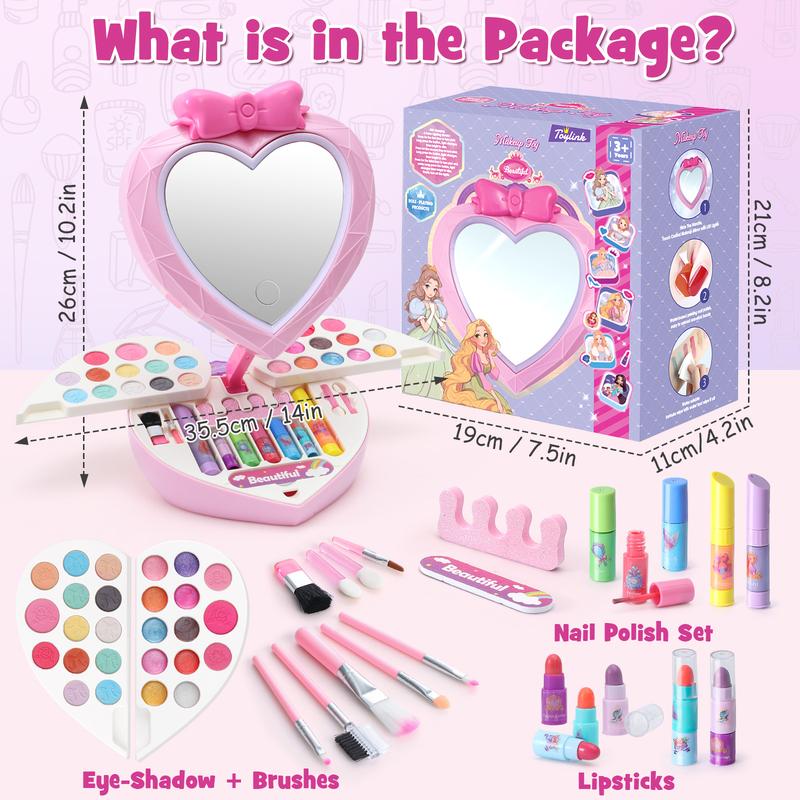 Makeup Kit LED mirror Pretend Play sets for Girls  Washable Lightable with Nail Art Pen Eye-Shadow Learning Education Toy Birthday Christmas Gifts