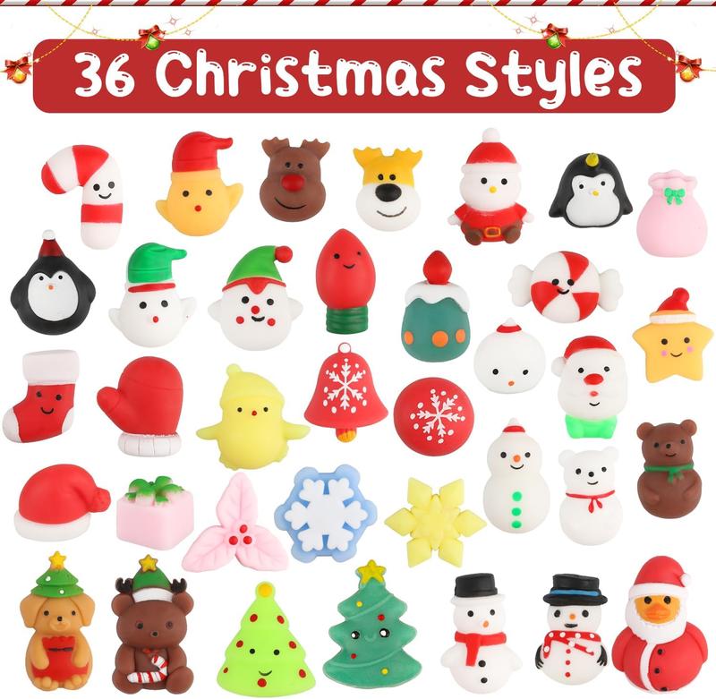 36 count Christmas Mochi Squishy Toys, Xmas Squeeze Toys Stress Reliever Anxiety Packs for Kids Christmas Party Favors Stocking Stuffers Gifts