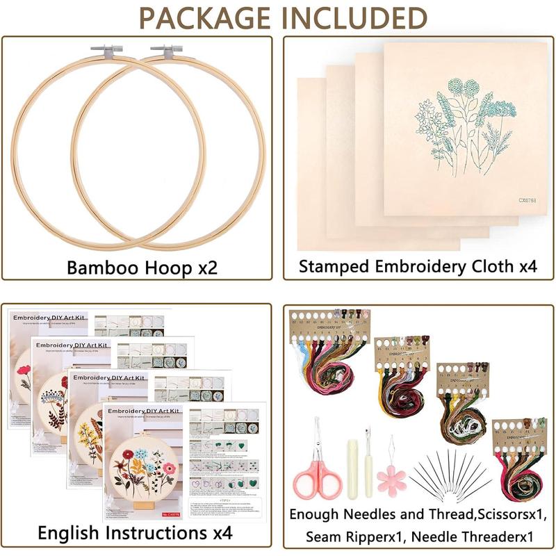 Picoey Flower Embroidery Kit for Beginners with Pattern and Instructions,4 Pack Cross Stitch Kits,2 Wooden Embroidery Hoops,Threads and Needles,Needlepoint Kit for Adults