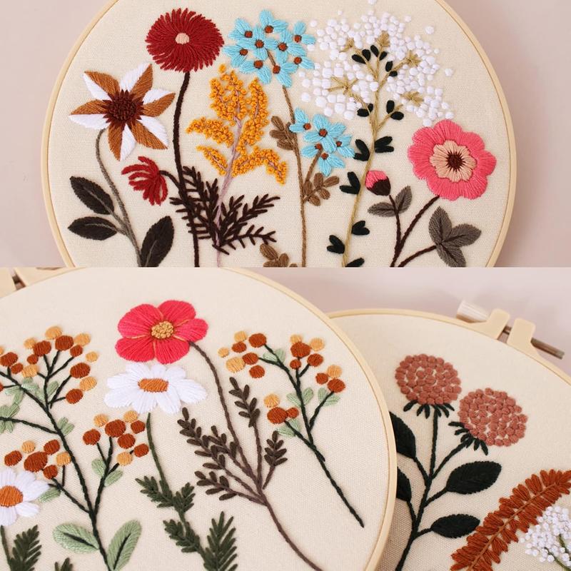 Picoey Flower Embroidery Kit for Beginners with Pattern and Instructions,4 Pack Cross Stitch Kits,2 Wooden Embroidery Hoops,Threads and Needles,Needlepoint Kit for Adults