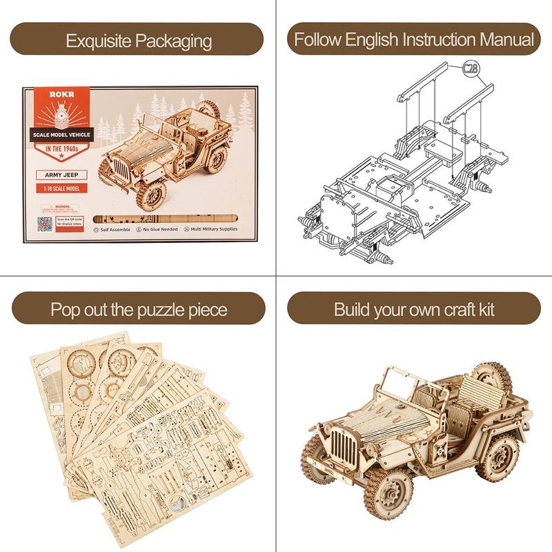 Robotime ROKR 3D Wooden Puzzle for Adults-Mechanical Car Model Kits-Brain Teaser Puzzles-Vehicle Building Kits-Unique Gift for Kids on Birthday Christmas Day(1:18 Scale)(MC701-Army Field Car) 3 d