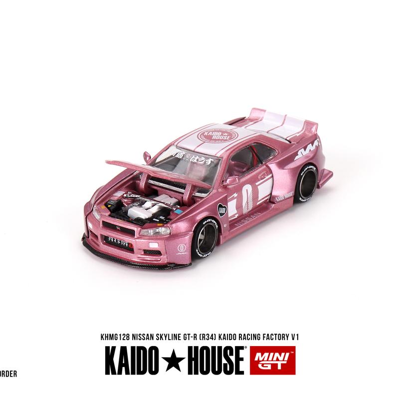 KAIDO HOUSE x Mini GT 1:64 Nissan GT-R R34 Pink KAIDO RACING FACTORY V1 KHMG128 Diecast Model