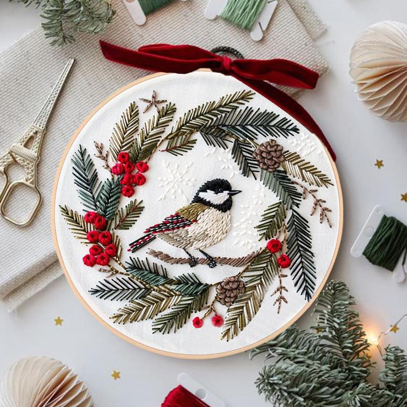 Bird & Wreath Pattern DIY Embroidery Kit, 1 Set Embroidery with Hoop Suture Practice Kit for Adults, Handmade Unfinished Products Gifts