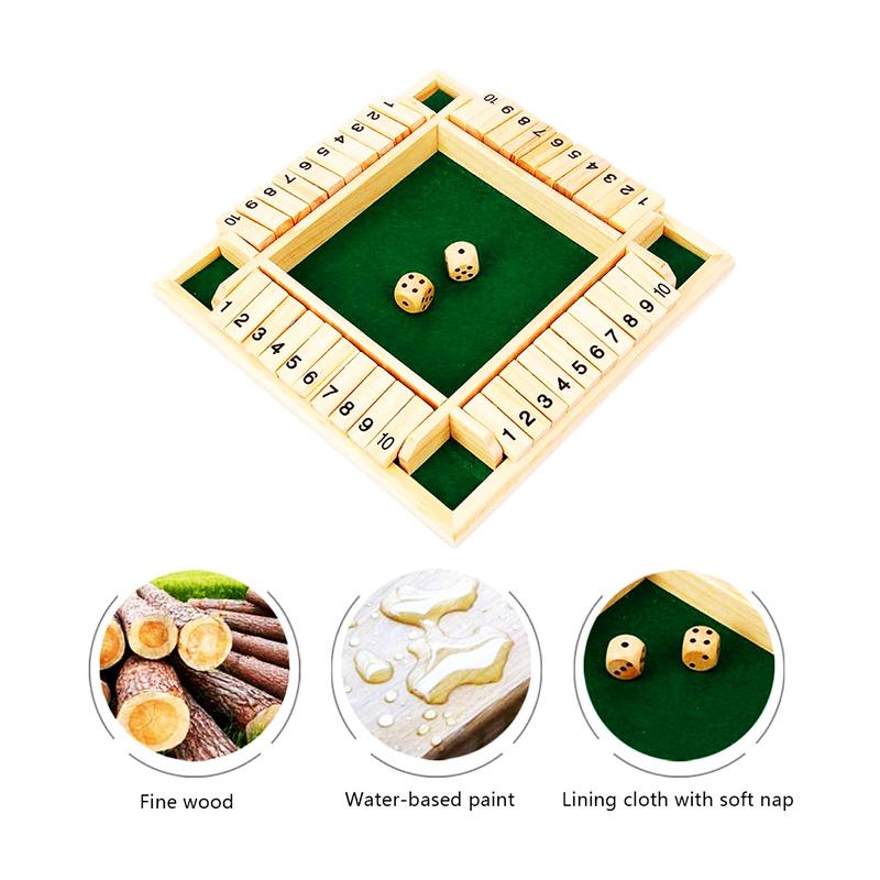 Wooden Shut The Box Game (2-4 Players) - Large 4 Sided Board, 2 Dice - Wooden Board Table Math Game Amusing Addition Game for Kids & Adults, 9 Inch