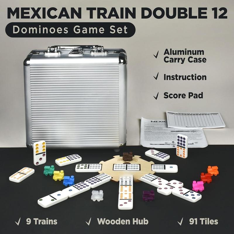 Mexican Train Dominoes Set with Wooden Hub, Domino Tile Board Games - Double 12 Dominos Set for Family Game Night for Adults and Kids Ages 8 and up (Double 12)