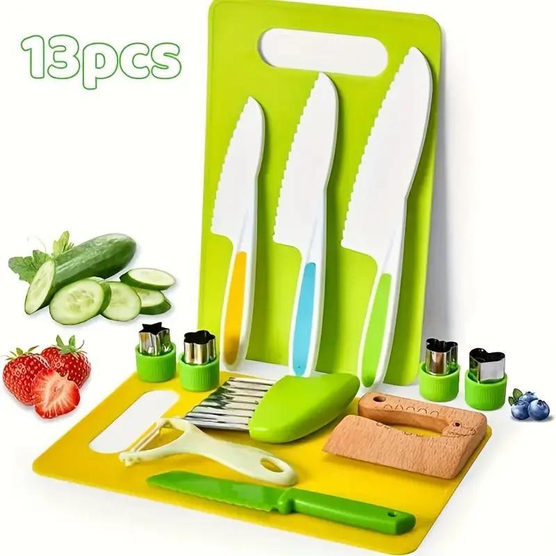 13 Pcs  Child's Safe Culinary Kitchen Safe kitchenset，Toddler Knife&Wood Sandwich Cutter&Cutting boards&Peeler &  ，Sensory kitchenset，Culinary Tools, Foster Skills & Funcuc，Black Friday,Christmas Gift for kids cooking  set