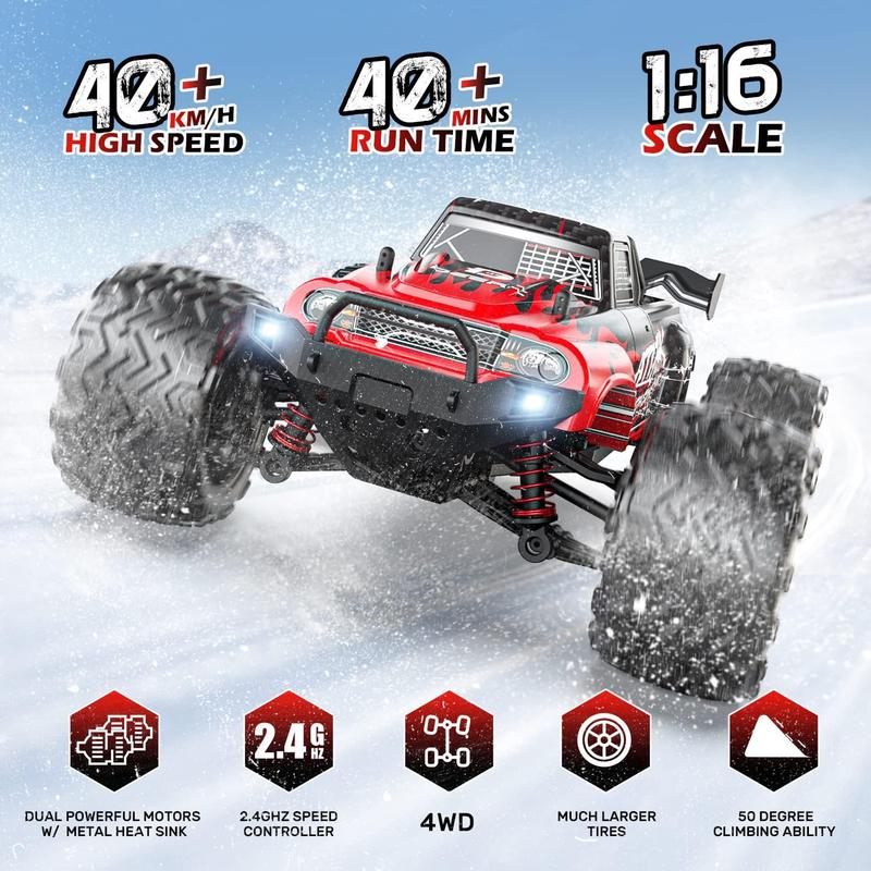 9500E 1:16 Scale All Terrain RC Car, 4x4 High Speed 40 KPH RC Truck, 2.4Ghz Remote Control Truck with 2 Batteries, Off-Road Monster Truck for Adults Kids